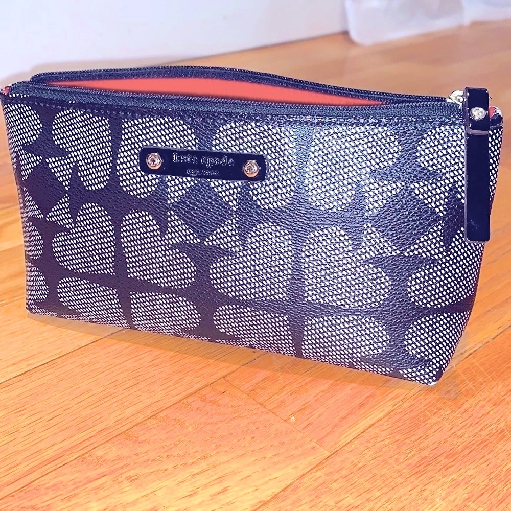 Kate Spade makeup bag mini tote clutch zip leather silk Vintage hot red black
